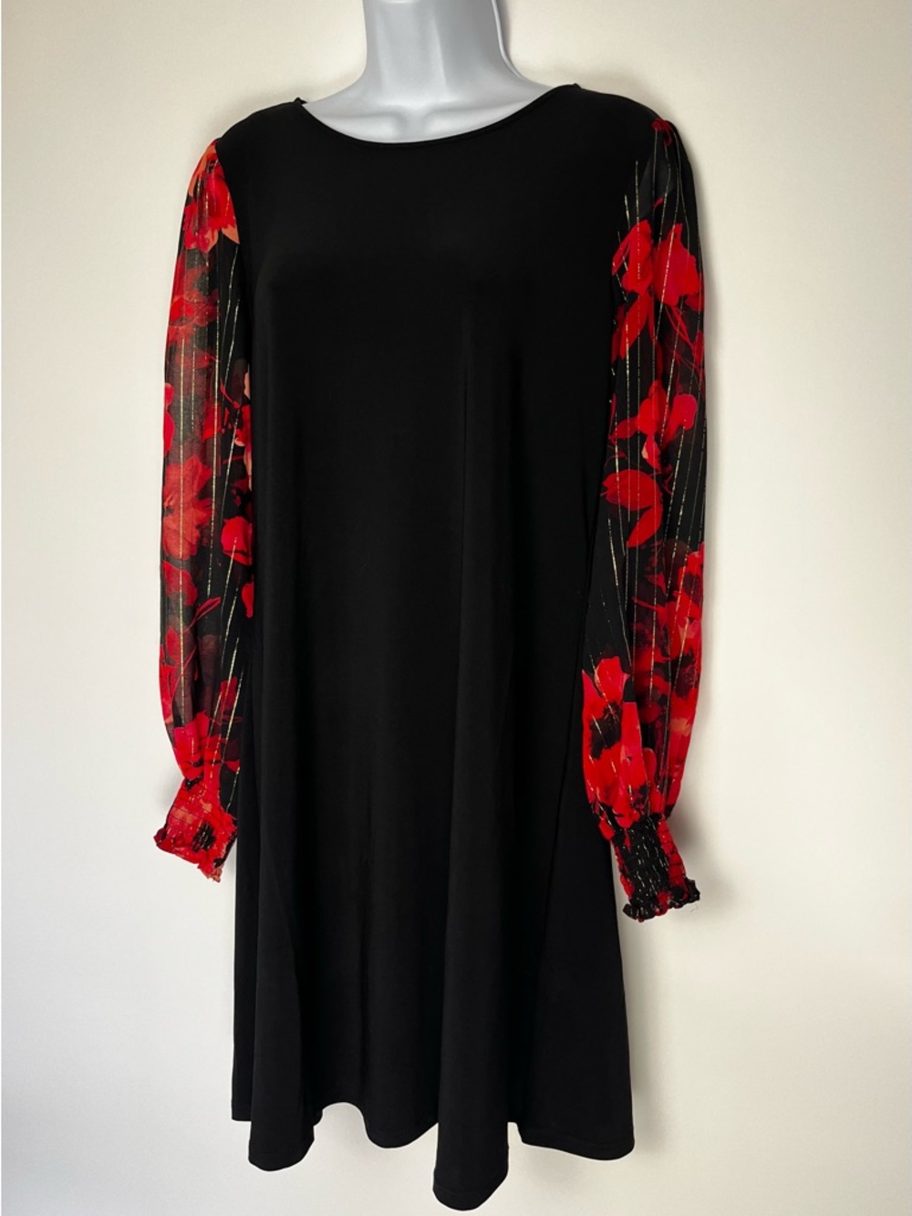 MSK Black with Red Floral Sheer Sleeves Witchy Whimsicore Dress